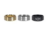 Naruto Ring Set mit Konoha Logo | Edelstahl | 3 Stk | Gold, Schwarz, Silber | Größe: 12