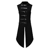 PMUAFG Halloween Kostüm Mittelalter Kleidung Herren Uniform Stehkragen ärmellos Leder Knopf Seite Riemen Einziehbare Top Jacke Steampunk Frack Für Wikinger Piraten Hexe Ritter Renaissance Kostüm