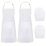 YGKYMVW Kochmütze Schürze Set, 4 Stück Verstellbare Latzschürze Kochschürze, Männer Frauen Weiß Kochmütze Atmungsaktive Backschürze mit zwei Taschen für Küche Hause Restaurant Hotel