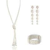 Scinzene Perlenkette Damen, 3-teiliges 20er Jahre Accessoires Set, Kunstperlen Halskette, Ohrringe und 4-reihiges Perlenarmband im 1920er Jahre Stil