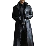 Suncolour Herren Schwarze Lederjacken Leder Langer Mantel Herren Classic Biker Faux Slim Fit Moto Long Coat