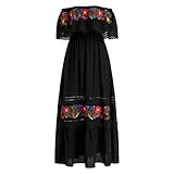 Odizli Sommerkleid Damen Lang Mexikanisches Hawaii Boho Off Shoulder Blume Stickerei Spitze Kleid Sommer Freizeitkleid Mexikaner Flamenco Kost�m Halloween Karneval Faschingskost�me Schwarz M