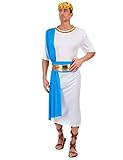 DEGUISE TOI VEGAOO - Griechischer Kaiser Kostüm für Herren Weiss-blau-goldfarben - Toga - Gürtel - Haarschmuck - L - Blau - Kostüme für Erwachsene - 100% Polyester - Carnaval