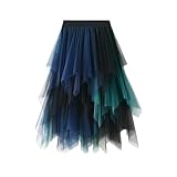 Damen Rock Tüll Unregelmäßig Unterrock Lagenrock Ballett Tutu Abschlussball Party Faltenkleid A-Linie Midirock High Waisted Rock (Grün Blau, Einheitsgröße)