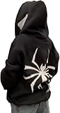 YINGKE Herren Spinnen Print Kapuzenpullover Y2K Punk Dunkle Gotisch Halloween Jacke mit Reißverschluss Unisex Streetwear Kapuzenpullover(3XL,Schwarz)