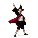 Zauberer Kostüm Kinder, Faschingskostüme Kinder Jungen Mädchen, Zauberer Kostüm mit Magier Robe Gestreifte Krawatte Hut Zauberstab Halstuch Brille für Cosplay Karneval (135)
