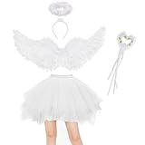 Winwild 4 Stück Engel Kostüm Damen Set 80CM Engelsflügel Weiß Erwachsenes Engel Teufel Feen Kostüm Tüllrock mit Heiligenschein Zauberstab für Karneval Halloween Cosplay Fasching Verkleidung