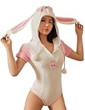 Oludkeph Damen Hase Kostüm Outfit Anime Dessous Cosplay Japanisch Niedlich Hoodie Bodysuit (Weiß Rosa 1, Einheitsgröße)