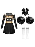 Jowowha Mädchen Cheer Leader Cheerleading Kostüm Langarm Crop Tops mit Rock Pompoms Socken Halloween Kostüm Karneval Fasching Party Weiß&Schwarz 170-176