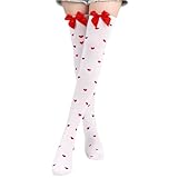 BETESSIN 1 Paar Overknees Strümpfe Damen 35-40 Weiß - Herz Socken mit Schleife - Amor Kostüm Damen - Kniestrümpfe für Valentinstag, Karneval, Mottoparty uvm.