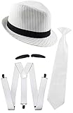 Foxxeo weißes Gangster Kostüm Set für Herren - Hosenträger Krawatte Hut Bart - Fasching Karneval Mafia Motto Party
