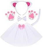 Tacobear Tierkostüm Kinder Tutu Rock mit Zubehör Tier Ohren Stirnband Fliege Tierpfoten Handschuhe Schwanz Tier Verkleiden Set Karneval Party Halloween Kostüm für Mädchen (Weiß Katze)