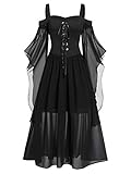 CHARMMA Gothic Halloween Kleid Kostüm Damen,Übergröße A-Linie Schnüren Maxi Kleider mit Schmetterlingsärmeln für Frauen,Festliches Vintage Schwarz Hexenkleid Cosplay Club Party Dress (Schwarz, XXL)