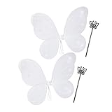 Relaxdays 2 x Feenflügel mit Zauberstab, Fee Kostüm Kinder, Flügel & Zepter, Elfen Kostüm Glitzer, Mädchen, Feenset, weiß & Silber