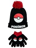 Pokemon Mütze Und Handschuhe Set Für Kinder | Wintermütze Und Handschuhe Für Jungen | Kinder Beanie Hut | Rote Einheitsgröße