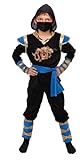 Magicoo goldener Drache Ninja Kostüm Kinder Jungen blau schwarz gold Gr 104 bis 146 - Fasching Kinder Ninja Kostüm für Kind (128-134)