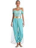 iiniim Damen Bauchtanz Kostüm Bauchtänzerin Orientalische Indische Verkleidung Halloween Karneval Fasching Party Tanzkleidung Türkis S