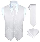 HISDERN Weiße Hochzeitsweste für Herren Paisley Westen Jacquard Krawatte Einstecktuch Einstecktuch Hochzeit Party Business Fit Weste Anzug Set L