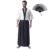 KRUIHAN Japanischer Kimono Männer Yukata Kimono Robe Japanische Traditionelle Samurai Uniform Cosplay Kostüm Japanischer Stil Kleidung Haori Jacke Top Hakama Rock Set,Einheitsgröße,Beige