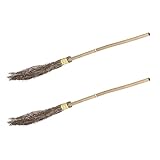 Relaxdays Hexenbesen 2er Set, mit Stiel, 97 cm lang, Kostümzubehör für Erwachsene, Halloween, Bambus, Zauberbesen, Natur