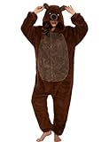 Einteiliger Schlafanzug Damen Lang Winter Einteiler Tierkostüm Erwachsene Kostüm Jumpsuit Damen Kuschelig Pyjama Fleece Onesie Kleidung Mit Kapuze und Reißverschluss (Braunbär-7126, L)
