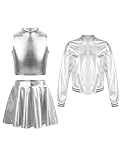 Fldy Kinder Mädchen Glitzer Outfit Disco Tanz Metallic Glänzende Crop Tanz Top Skater Rock Und Bomberjacke 3er Bekleidungssets Für Jazz Party Festival Silber 146-152