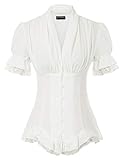 SCARLET DARKNESS Damen Steampunk Bluse Kurzarm V-Ausschnitt mit Rüschen Schnürrücken Gothic Tunika 2XL Weiß