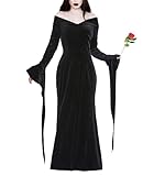 Miulruma Halloween Kostüm für Morticia Addams Damen Gothic Vintage Kleid Sexy Hexenkostüm für Addams Family Schulterfrei Cocktailkleid Knöchellänge Kleid Kostüm Abendkleider Schwarz A005XL