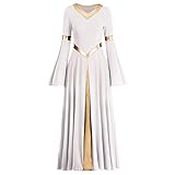 IMEKIS Damen Liturgisch Lob Kleid Metallic Splei? Lyrisch Tanzkleider Langarm V-Ausschnitt Casual Lang Faltenrock Freizeitkleid Kirche Anbetung Gebet Kleider Ballsaal Dancewear Wei? XL