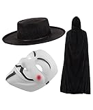 V for Vendetta Guy Fawkes Kostüm Kit | Anonymous Hacker Maske + Schwarzer Kapuzenumhang + Hut für Erwachsene Unisex Halloween Karneval Party Kleid Zubehör, schwarz / weiß, Einheitsgröße