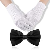 BBTO Fliege und Handschuhe Set Weiß Uniform Handschuhe und Schwarz Satin Fliege für Herren Anzug Vorgebunden Verstellbar Fliege