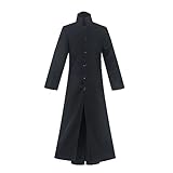 Cexiakong Herren schwarzer Militärmantel mit Stehkragen Matrix Neo Party Outfit Jacke langer Trenchcoat Römische Klerus Soutane Kanzel Outfit Vestment Pfarrer Kirche Karneval Viking
