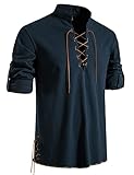 LucMatton Herren Retro Schnürung Mittelalter Kostüm Shirts für Halloween Cosplay Wikinger Pirat Steampunk Vampir Renaissance Gothic Viktorianische Kleidung Navy X-Large