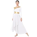 IMEKIS Damen Lyrische Tanzkleid Metallische Gold Liturgische Lob Tanzbekleidung Langarm Chiffon Asymmetrische R�schen Kleid Kirche Anbetung Gebetskleid Wei� M