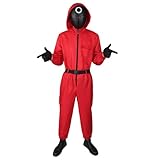 LILIHOT Spieler Game Kostüm Staffel 2,Fasching Kostüm Costume Merch für Erwachsene Soldat Cosplay Set Rot Overall mit Kapuze ohne Maske,Halloween,Karneval,Mottoparty(#B Kind Red,11-12 Jahre)