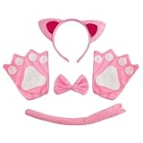 TSHAOUN 4 Stück Kostümset Katze für Kinder, Katze Tierkleid Cosplay Set Katzenohren Stirnband Kätzchen Rosa Ohren Kragen Pfoten Handschuhe für Kinder Halloween Fasching Karneval (Rosa)