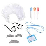 UILYNIU 7 Stück Verrückter Professor Wissenschaftler Perücke Brille Nerd Arbeitskarte Tropfer Schnurrbart Augenbrauen, Weiß Locken Perücke Professor Labor Kostüm Kinder Erwachsene Halloween (7PCS)