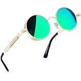 Joopin Retro Runde Sonnenbrille Herren Grüne Gläser Polarisierte Steampunk Brille Vintage Driving Sunglasses und Hippie Sonennbrille Damen Rund mit UV400-Schutz(Gold Grün Verspiegelt)