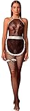 Walang Damen Sexy Halter Bodystocking Cosplay Schürze Kostüm Set Spitze Trimmen French Maid Outfit Partykeid Unterwäsche Negligees (Schwarz)