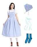 Dorothy Kostüm für Erwachsene, Damen, Dorothy Oz Fairytale Verkleidung Kansas Girl Blau Weiß Gingham Kleid mit Stirnband Kopftuch Welttag Kostüm