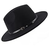 VASANA Fashion Classic Unisex Verstellbarer Fedora Hut Breite Krempe Flache Kirche Derby Cap mit Gürtelschnalle Jazz Hut Filz Panama Hut für Männer und Frauen (Schwarz)