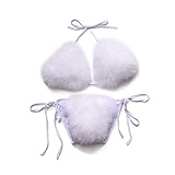 ZOSCGJMY Damen Flauschige Künstliche Fell Pelz Bikini Set Triangel Bikini Zweiteiliger Badeanzug (Weiß)