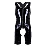 iEFiEL Herren Lackleder Overalls Wetlook Dessous Unterhemd Fitness Body Ouvert-Panties Trikot Bodysuit Ringershirt Schwarz Clubwear Schwarz M