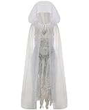 IKALI Geisterbraut Halloween Kostüm für Frauen, Friedhof, Zombie, Hexe, Outfit, weißes Kleid, langer Umhang mit Kapuze, Kunststoffkette