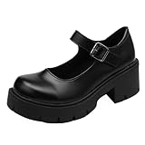 Minetom Damen Mädchen Klobige Plattform Mary Jane Schuhe Schnallenriemen Retro Runder Zeh Plattform Pumps Chunky Lackleder Party Kleid Schuhe Schwarz Matt 38 EU