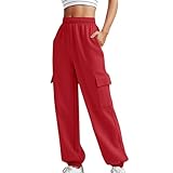 Dschungelcamp Hose Damen Lose Cargo-Hose für Damen, Retro-Stil, mehrere Taschen, niedrige Taille, Kordelzug, Schweinenase, Schnalle, schmale, gerade gewebte Freizeithose Kurze Hose Damen (Red, L)