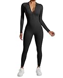 RXRXCOCO Gerippte Langarm Jumpsuits Damen mit Reißverschluss Eng Rundhalsausschnitt Einteiler Bauchweg Sport Yoga Overall Romper Schwarz M