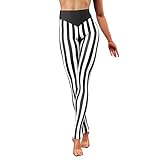 Damen Leggings 90er Bunt Vertikal Gestreift Lange Hosen Sommer High Waist Stretch Push Up Shaping Blickdicht Tights Jogginghose Sport Yoga Gym Freizeit Leggins Beetlejuice Kostüm Weiß Streifen M