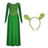 AYYOHON Fiona Kostüm für Damen, Prinzessin, Fiona-Kleid, Erwachsene, lange Ärmel, grünes Kleid mit Stirnband für Halloween, Cosplay, L