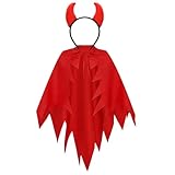 Wishstar Teufel Kostüm Damen，Halloween kostüm Damen，Teufel Umhang Teufelshörner Haarreif,Rot Teufel Kostüm，Halloween Karneval-Cosplay Kostüm für Damen